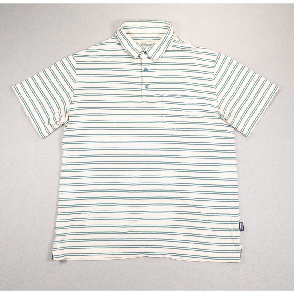 Patagonia Mens Striped Short Sleeve Polo Shirt Teal Cream Organic Cotton Medium